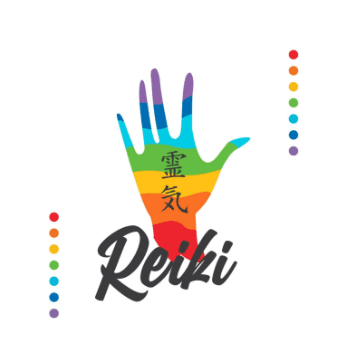 Colorful hand graphic with Japanese characters and the word Reiki below, surrounded by dotted rainbow borders.