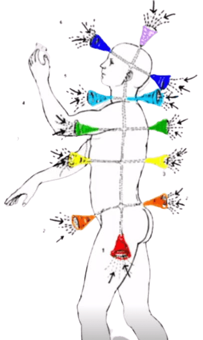 Diagram of a human figure with colored cones and lines illustrating energy flow or chakra points.